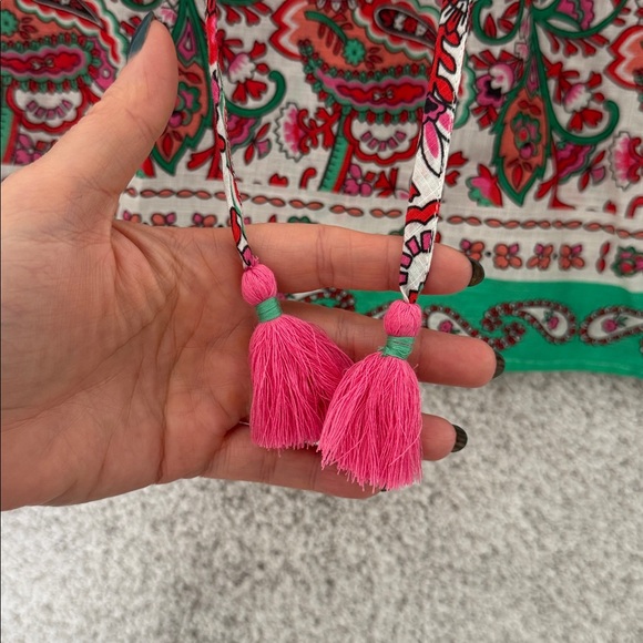 Boden Serena Paisley Print Cotton Split Neck Top in Pink & Green - Size 6 - Picture 5 of 10